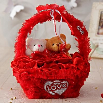 Adorable Teddy Couple Red Fur Basket