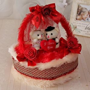 Red and White Fur Teddy Couple Basket